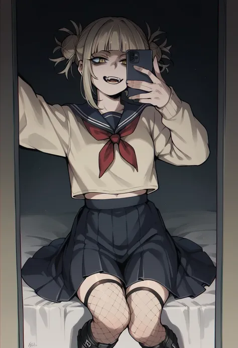 Himiko Toga wearing black with black skirt, black fishnet stockings and black boots taking a selfie (whole body)