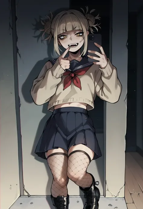 Himiko Toga wearing black with black skirt, black fishnet stockings and black boots taking a selfie (whole body)