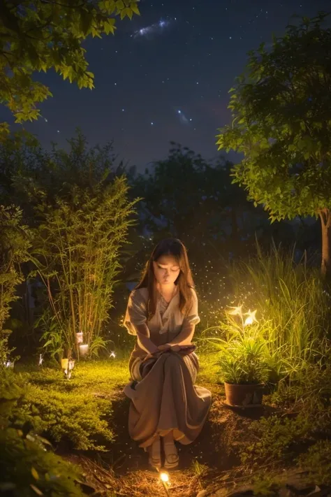 (8K, Highest quality, masterpiece: 1.2), (Realistic, photoRealistic: 1.37), Super detailed, One Girl, Wide viewing angles, Firefly Garden, Lots of little faint lights and fireflies flying around, night