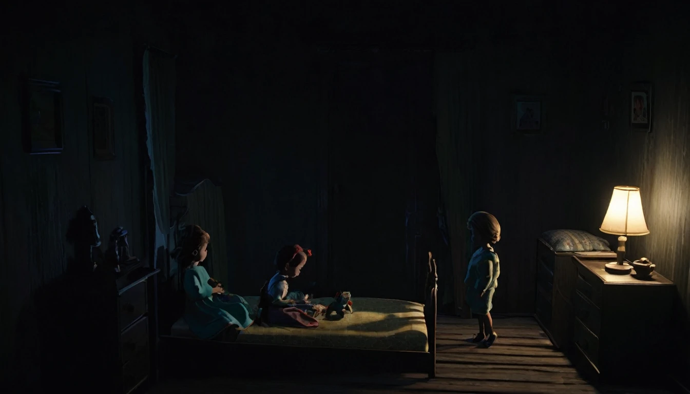 A bedroom in a simple house in the dark, there are 2 silhouettes of children playing with dolls at night.