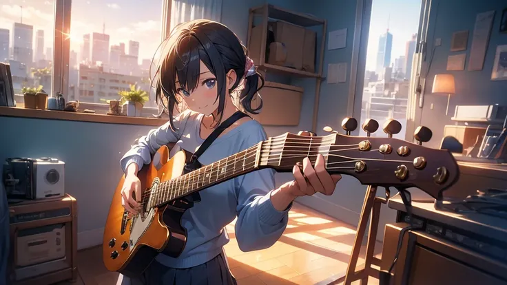 The image should feature a single female anime character standing by a window with morning light streaming in. The character is wearing a favorite shirt and holding a guitar, looking ready to face the day with a confident and lively expression. The backgro...