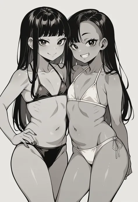 2人の女の子(,young girl ,short stature,gyaru)) ,flat chest,nsfw,plump,swimsuits,big head、evilsmiling,black hair,long hair,bobcut.sexy pose,