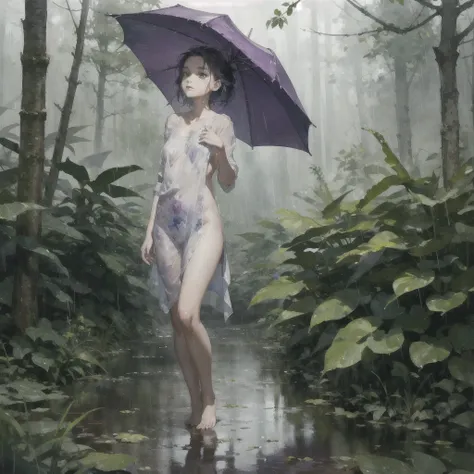 a girl with a very beautiful exquisite face barefoot in the rain in the summer forest, purple thunderstorm, in watercolor style, nudity