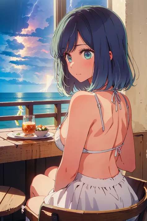 (Highest quality:1.4、masterpiece:1.4、Super detailed:1.4、8K:1.4)、((((1 person、Surprised expression、sit、Indoor cafe terrace、coastal、juice、table、Sandy Beach、juiceのグラスを持つ、Micro Bikini、Very soft boobs、Big eyes、Very cute face))))、(with a thunderstorm:1.4)、F cup ...