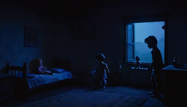 A bedroom in a simple house in the dark, there are 1 silhouettes of children playing with dolls at night.