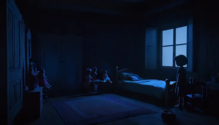 A bedroom in a simple house in the dark, there are 1 silhouettes of children playing with dolls at night.