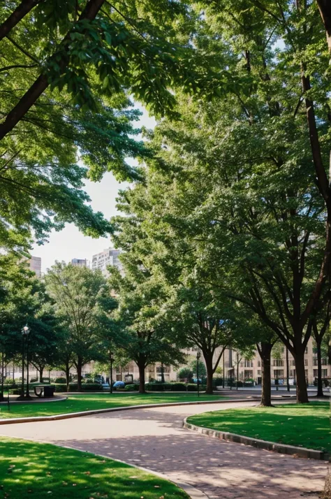 Small park lined with trees and surrounded by a few buildings