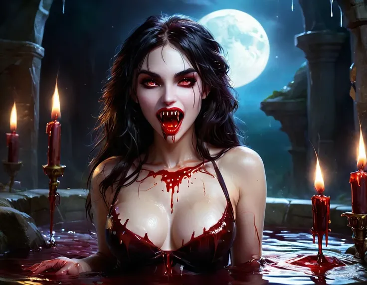 a picture of a female vampire, (Masterpiece, intense details: 1/5 ), exquisite, dreadful beautiful vampire, long black hair, intense green eyes, half-closed eyes, evil smile, fangs, busty sitting near a large pool of dark ((red blood: 1.2)) stone steps, li...