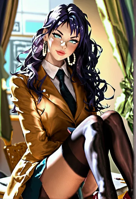 Teacher, (((twirling and playing with her Long_wavy_black_hair_bangs))), (((dark hair looks like 20 yr old Bettie Paige))), brown pantyhose, (brown_Blazer uniform_brown, school shirt, Burberry plaid_skirt, tie_black, must wear brown pantyhose tights (open ...