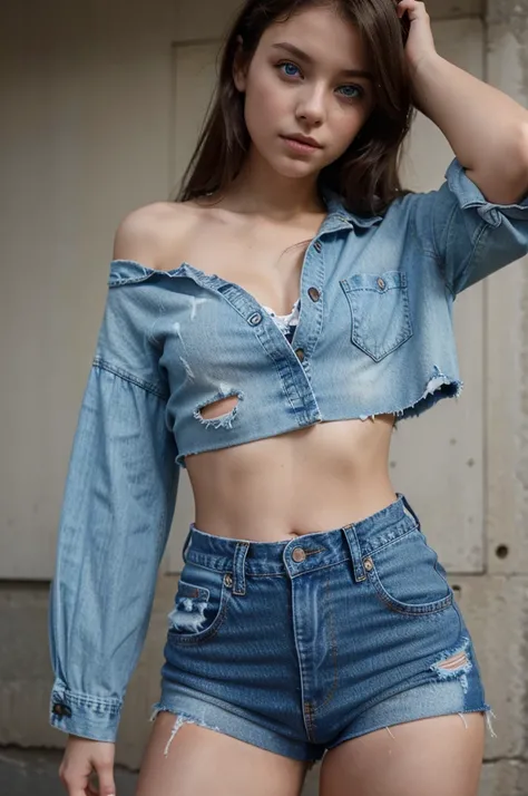 a young girl with very light blue eyes and fair skin in a crop top and a torn denim shirt