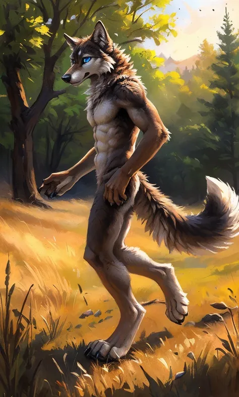 ((Solo)), male people, anthro wolf, (Multi-colored fur, White-brown:1.3，White tail pointed), (Height 2.1m,Tail length 1.5m), ((Wolf face, Big eyes, White eyelids, Blue pupil, Slim:1.2) (Tough, Calm expression:1.2)), Abs, Slim, pinging)), (Correct anatomy),...