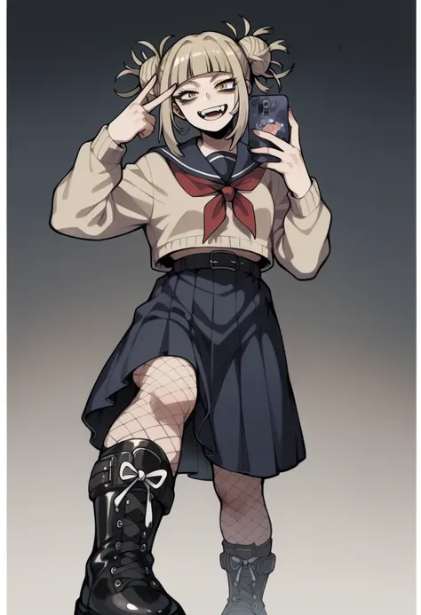 Himiko Toga wearing black with black skirt, black fishnet stockings and black boots taking a selfie (whole body) vestimenta totalmente negra (sin celular en la mano) (✌️) 