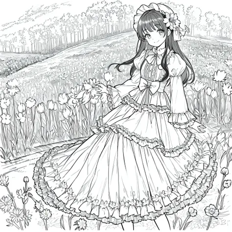 masterpiece, Highest quality, One girl, 一人in, length_hair, Looking_in_Audience, smile, 前hair, skirt, shirt, length_sleeve, hin, dress, bow, Holding, Closed_mouth, flower, Frills, hair_flower, flowerびら, flower束, Holding_flower, center_Frills, bonnet, Holdin...