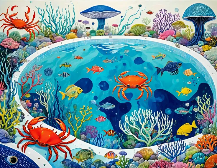 &quot;Dick Ellescas Artist Style&quot;,(((Swimming pool)))，Marine Life、Crab、fish，Tentacles，bird、Eye、autistic patient、diatom，Stitching together an abstract painting，Describing the inner world of autistic people，Sense of space，White Space，interesting，Innocen...