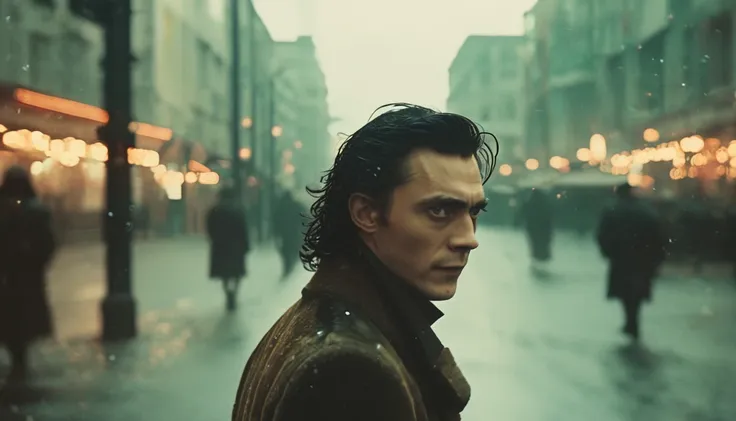 35mm vintage street photo of loki from future, walking in the street , confused , bokeh, professional