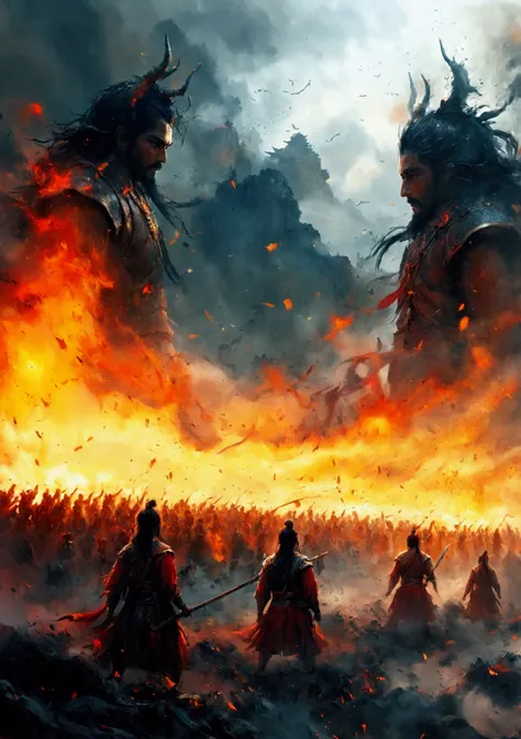 create a vivid and intense scene of a burning battlefield, drawing inspiration from the epic battles depicted in the indian sacr...