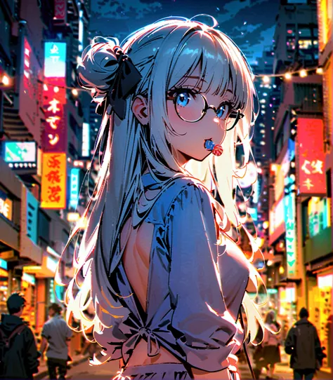 A young woman with long untied white hair, with bangs, a black bow on her head, black round glasses with a candy in her mouth, a plain blue shirt, a short white skirt, her back turned in the middle of the city at night.