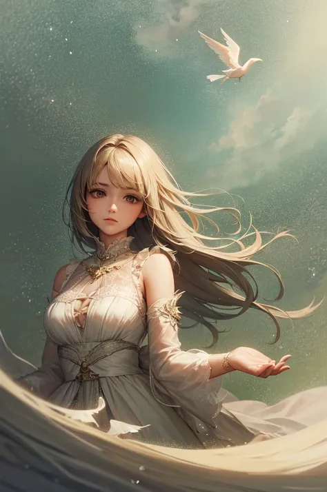 (Very detailed, Highest quality), floating, A very delicate and beautiful dreamlike scene.,, , [(One girl:1.5),(Long purple hair), Detailed face, Neck ribbon, elegant blue dress, Standing on the Clouds, (Wide Shot), (Mysterious atmosphere):1.5],, , [(Butte...