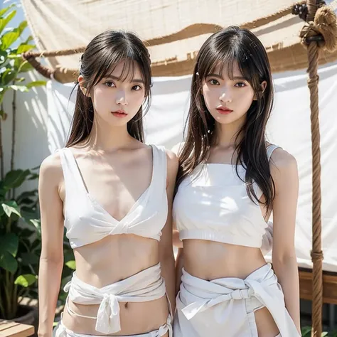 日本people、１people、The most beautiful woman、clear、Shiny black hair、Photo Style、length, bangs、light makeup、Standard face、(((Wearing a white Etchu loincloth)))、((Light clothing:0.5))、(She is hiding her breasts by wrapping a cloth around her chest.)、Summer fest...