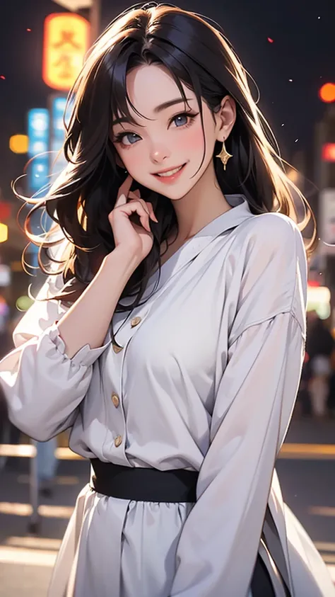 Mature Woman，(1 person), (((LOL))),With a happy smile, She expressed her joy, shirt,Long Hair,Cute smile, With a beautiful smile,( Happy and cheerful expression), And she laughs，very happy, (masterpiece、Highest quality)、Best details,Blurred background