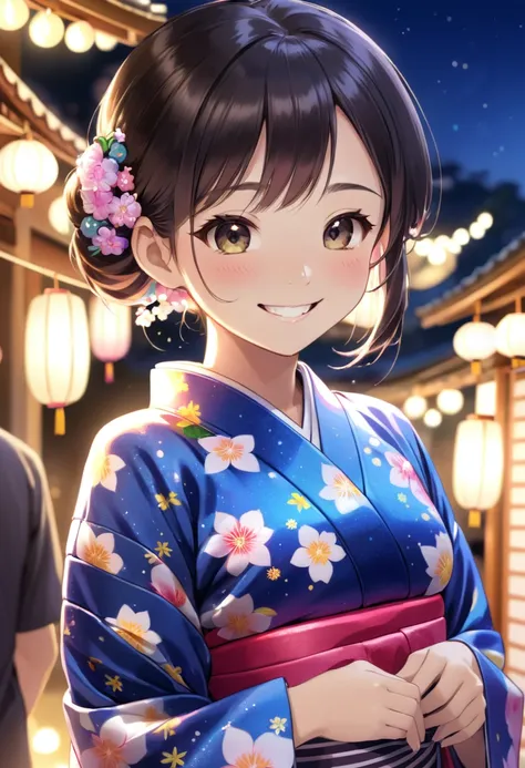 yukata　smile　night　Yo-yo　stall　festival　Upper body close-up　turn around　Fantasy　Sparkling　Light