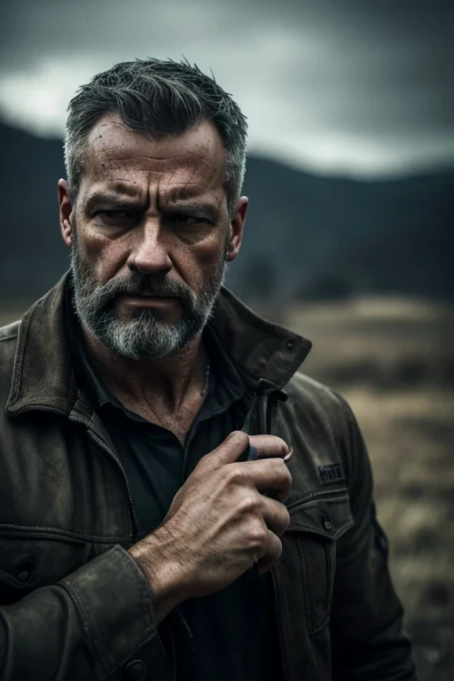 a battle-hardened ex-soldier, grey hair, beard, rugged weathered face, battle-scarred, wandering drifter, detailed highly realistic portrait, dramatic lighting, cinematic composition, moody atmosphere, (best quality,4k,8k,highres,masterpiece:1.2),ultra-det...