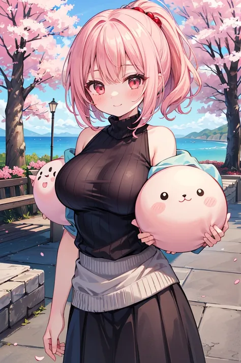 ((Masterpiece)),((high resolution)),((Best Quality)),Anime illustration,(((1girl))),,(wavy hair),(short hair),(pale pink hair color),small ponytail,Red eyes,(Big round eyes),((tareme)),15 years old,((loli face)),((very big breasts)),Short stature,,Off-the-...