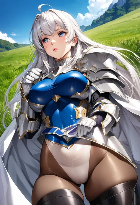 ((highest quality)), ((masterpiece)), ((hyperrealistic)), (detailed background), anime style, 1girl, ((curvy: 1.2)), (looking away:1.4), kawaii, paladin, ((azure lame leotard)), ((catsuit leotard)), (paladin armor), (breastplate armored dress), cloak de co...