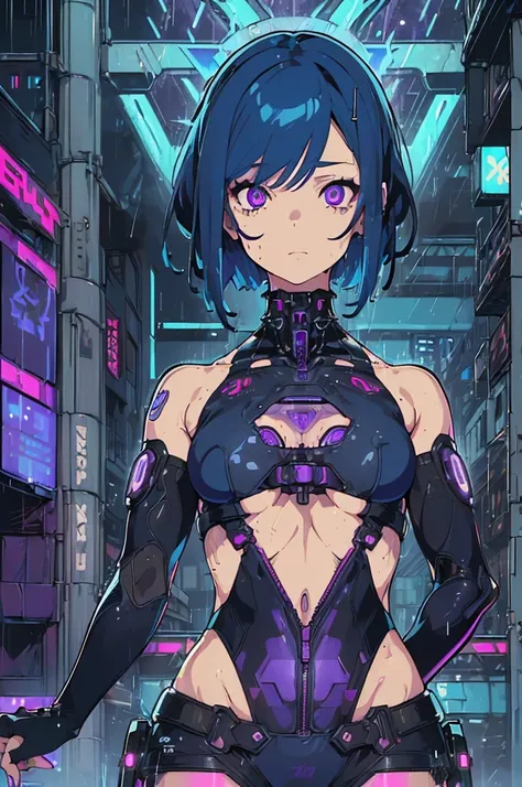 woman, (Cyberpunk city background:1.3), (Swimwear:1.3), (Small breasts:1.4), (Flat Chest:1.3), (Dim lighting:1.3), (Detailed Hair:1.3), (Bob Haircut:1.3), (Blue Hair:1.3), (Very detailed:1.3), (Glowing purple eyes:1.4), (Detailed face and eyes:1.3), (Wide ...