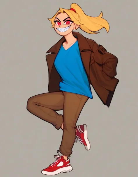 lilith, 1girl, solo, long hair, looking at viewer, smile, blonde hair, simple background, shirt, red eyes, long sleeves, brown jacket, full body, ponytail, shoes, teeth, pants, grin, blue shirt, sharp teeth, red footwear, sneakers, brown pants