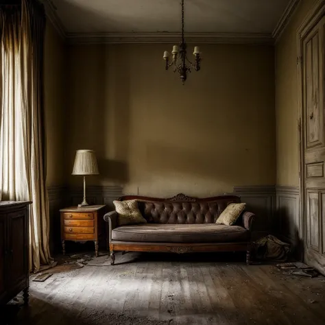 ((best qualityer)), ((realistic shoulders)), (detailded),  An abandoned room, totally dark, where there is only one lamp illuminating the scene,this same room is old, It has a sofa and some old dressers, with an old bed