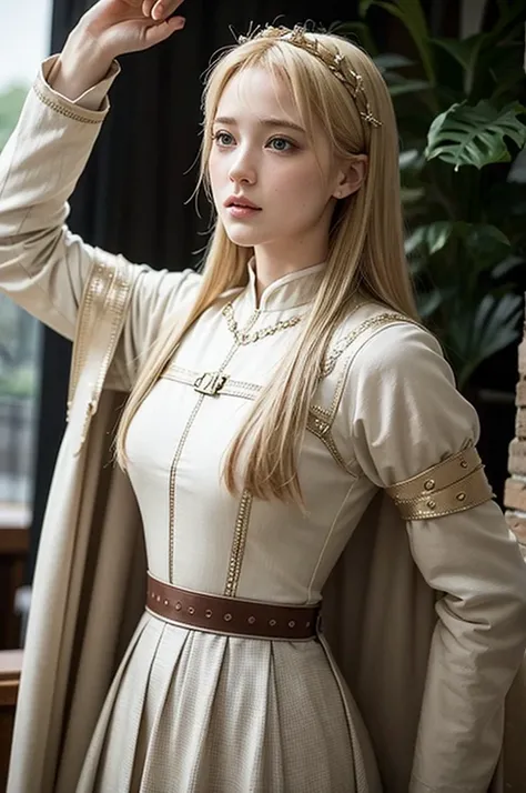 Amazing facts about blonde beauty Joan of Arc cinematic style. left view. beautiful