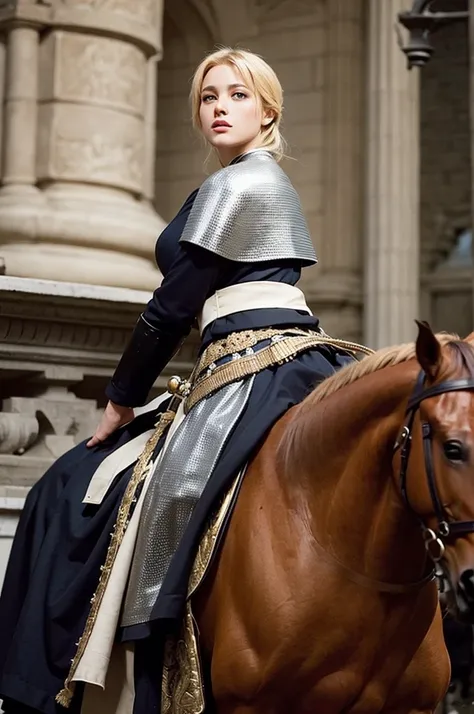 Amazing facts about blonde beauty Joan of Arc cinematic style. left view. beautiful