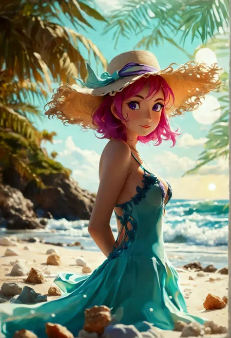 (((sim miko))), beautiful woman with pink hair and small hat, standing on the by the sea, sandy by the sea, turquoise waves, palm trees gently swaying, (((dynamic lighting))), warm breeze, swirly vibrant colors, flowing dress, ethereal atmosphere, (((smug ...