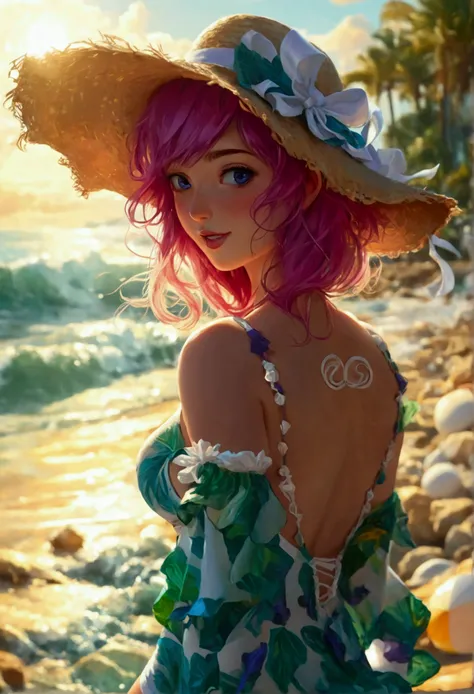 (((sim miko))), beautiful woman with pink hair and small hat, standing on the by the sea, sandy by the sea, turquoise waves, palm trees gently swaying, (((dynamic lighting))), warm breeze, swirly vibrant colors, flowing dress, ethereal atmosphere, (((smug ...