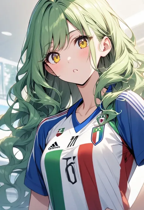 girl, beautiful, curly hair, long hair, yellow eyes, green hair, soccer shirt, italy soccer shirt, blue shirt