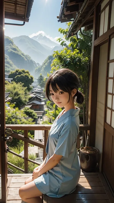 Japanese summer, nostalgic, summer vacation, elementary school students, rice fields, sun, mountains, nature, clean air, balcony, Japanese-style room, veranda, casual, cicadas chirping, evening