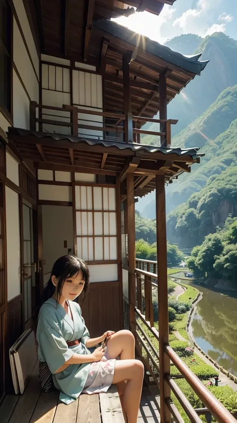 Japanese summer, nostalgic, summer vacation, elementary school students, rice fields, sun, mountains, nature, clean air, balcony, Japanese-style room, veranda, casual, cicadas chirping, evening