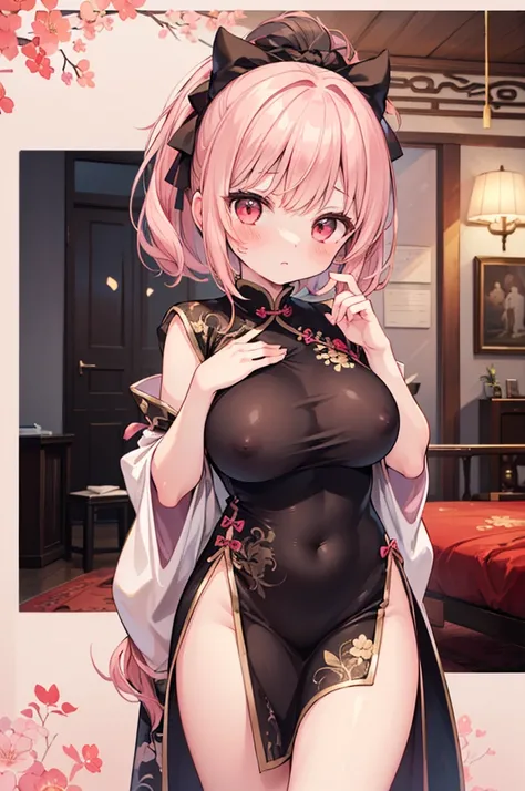 nsfw,((Masterpiece)),((high resolution)),((Best Quality)),Anime illustration,((1girl)),(wavy hair),(short hair),(pale pink hair color),small ponytail,Red eyes,(Big round eyes),((tareme)),12 years old,((loli face)),((very big breasts)),Short stature,,,china...