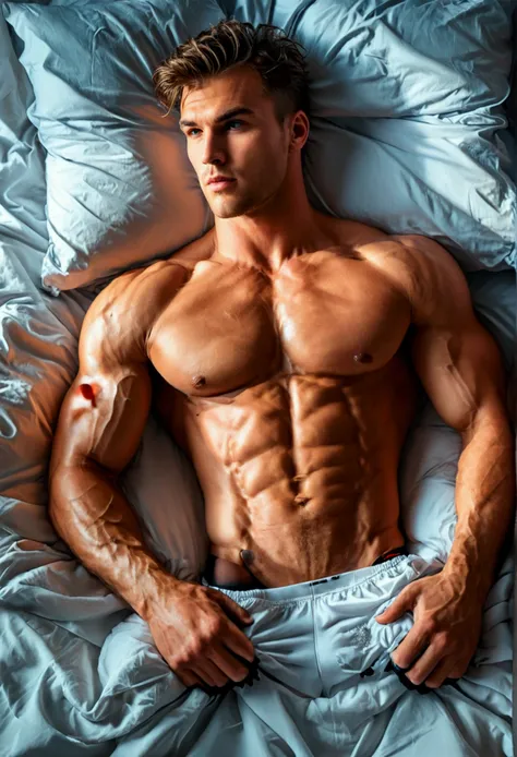 A handsome athletic men with athletic hunk body with a big athletic abs and a big athletic legs in long black nike socks lying in bed 