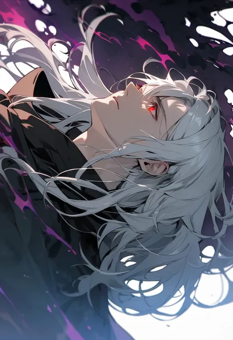 male, long hair, white hair, red eyes, cloak, dark aura, side view,  experienced, face close, mature, look up