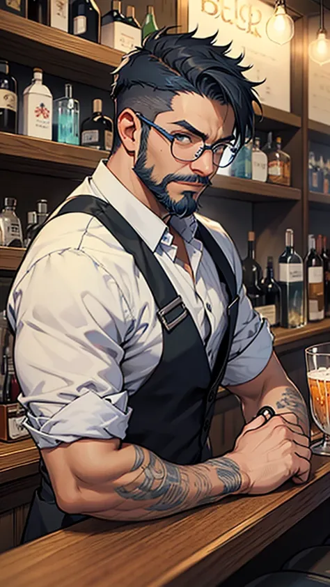 Grey and blue mesh short hair、Glasses、male、bartender、Beard、bar counter