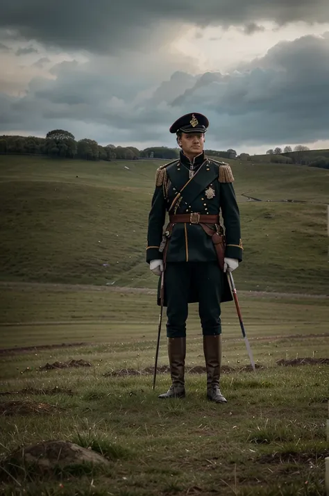 "Napoleon standing on a hill overlooking his troops at Waterloo"Napoleon, dressed in his military uniform, stands tall on a grassy hill. Below him, thousands of soldiers are arrayed in formation, ready for battle. The sky is overcast, adding to the tension...