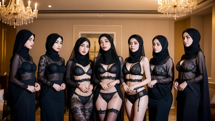 ((best quality)), ((Masterpiece)), (details), (7 girls), large group of arab young woman lined up in tight dressed in black bra lace panties, (((hijabi))) fearful face, body curves, Full Body, hotel room, side view angle camera,