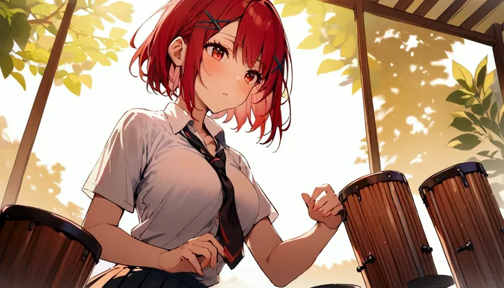 short hair, (Red hair:1.2), X Hair Ornament, Red eyes,tie, girl,One person, Collared shirt, White shirt, Short sleeve, Pleated skirt, student, Highest quality, masterpiece, High resolution, summer,Playing the bongos、