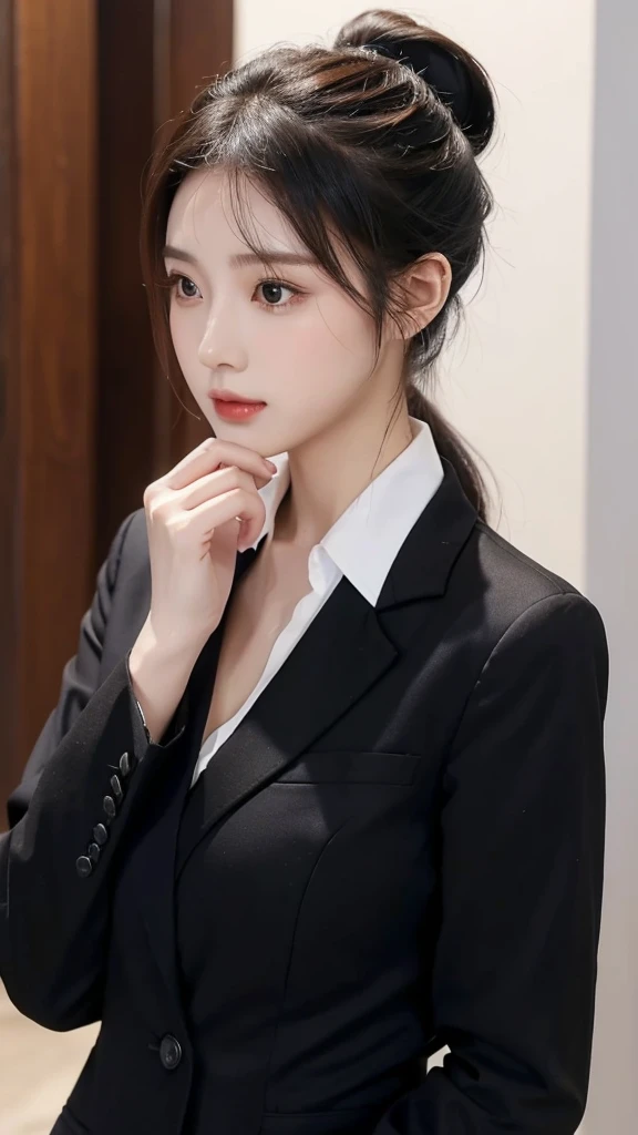 Beautiful AI woman in business style wearing a black suit and white shirt。Her hair is tied up in a simple ponytail。