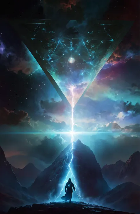 there is a man standing on a mountain with a star in the sky, artgem and beeple masterpiece, beeple artwork, beeple masterpiece, sci-fi digital art, sci-fi magic highly detailed, interdimensional lightning, beeple and tim hildebrandt, sci-fi digital art il...