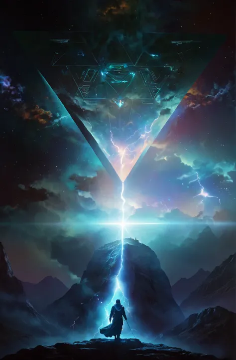 there is a man standing on a mountain with a star in the sky, artgem and beeple masterpiece, beeple artwork, beeple masterpiece, sci-fi digital art, sci-fi magic highly detailed, interdimensional lightning, beeple and tim hildebrandt, sci-fi digital art il...