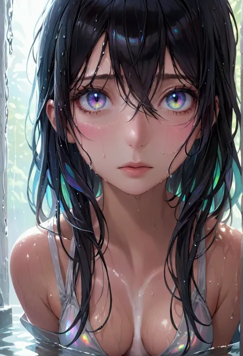 (masterpiece), best quality, expressive eyes, perfect face, Girl,long dark iridescent hair, iridescent eyes, small waist, small , large thighs,wet transparent clothes