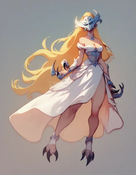 lilith, 1girl, solo, long hair, blonde hair, simple background, dress, cleavage, bare shoulders, medium breasts, full body, white dress, mask, claws, melted mouth, no eyes